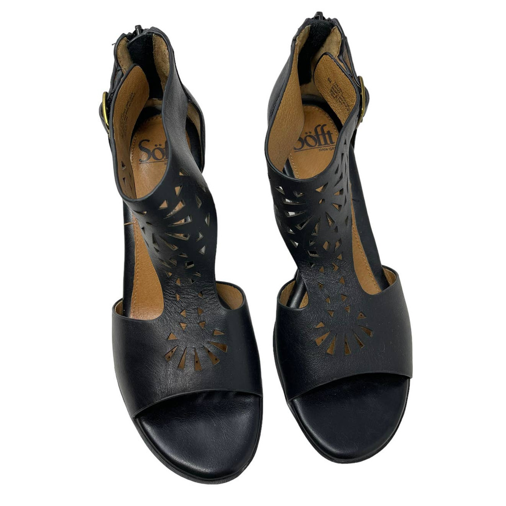 Sofft Black Laser-Cut T-Strap Block Heel Sandals - Picture 3 of 9